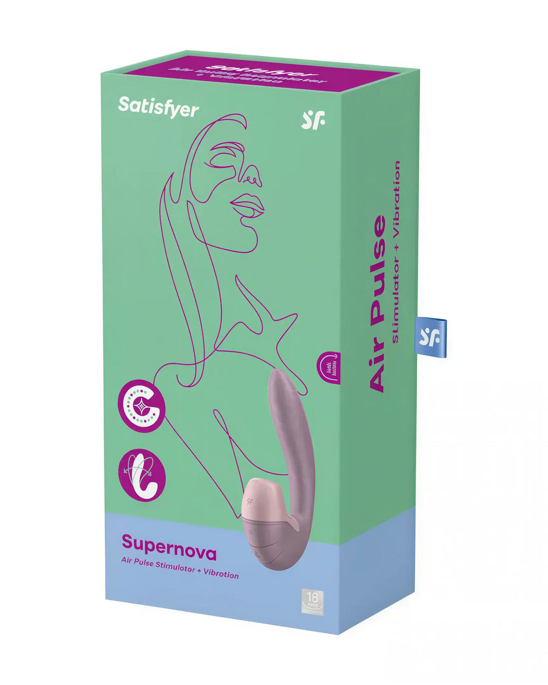 Satisfyer Supernova vibrator in a green and purple box, featuring air pulse and vibration stimulation icons.