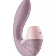 Satisfyer Supernova vibrator in soft pink and lavender, featuring a curved design and control buttons on the base.