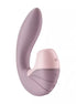 Satisfyer Supernova vibrator in soft pink and lavender, featuring a curved design and control buttons on the base.