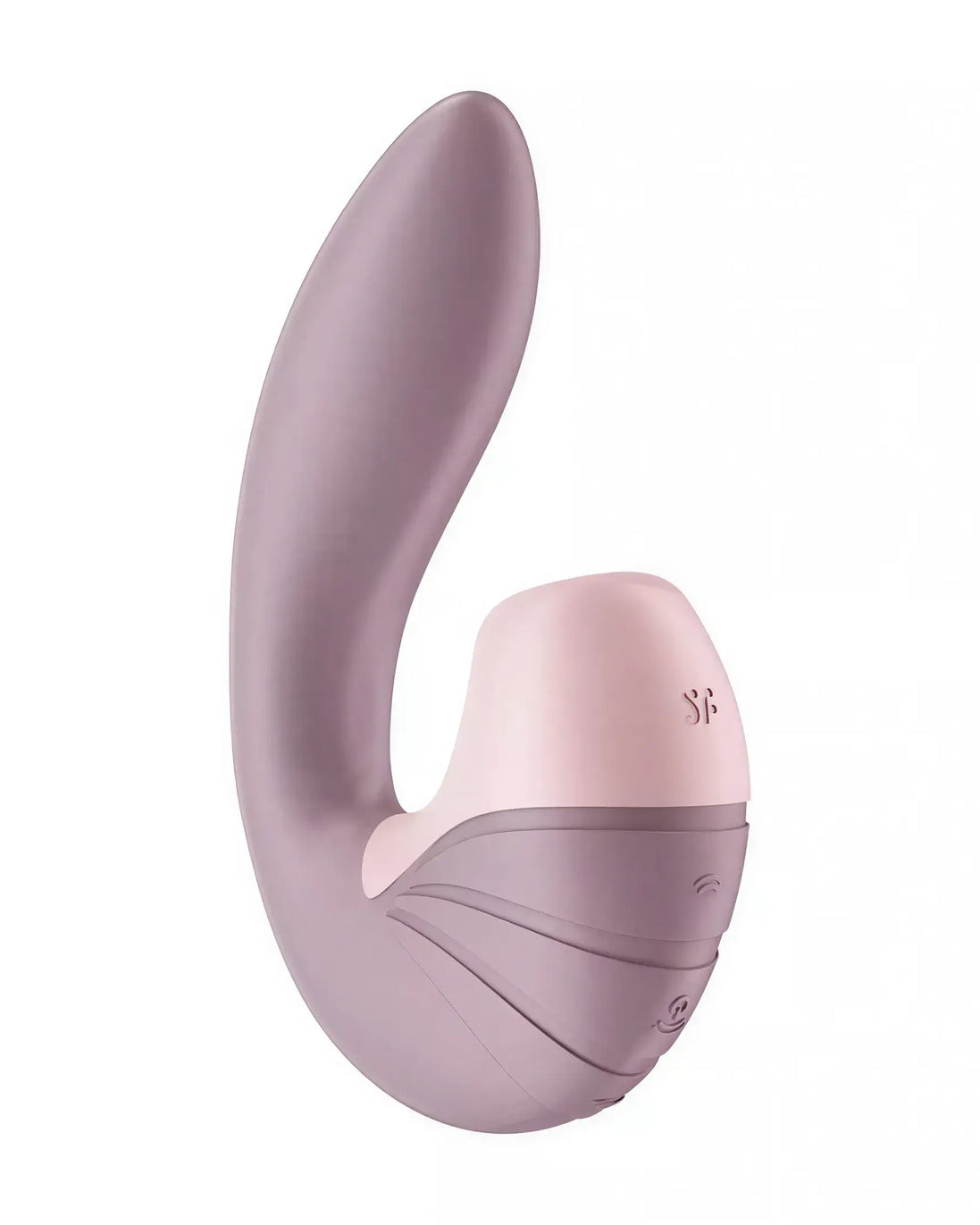 Satisfyer Supernova vibrator in soft pink and lavender, featuring a curved design and control buttons on the base.