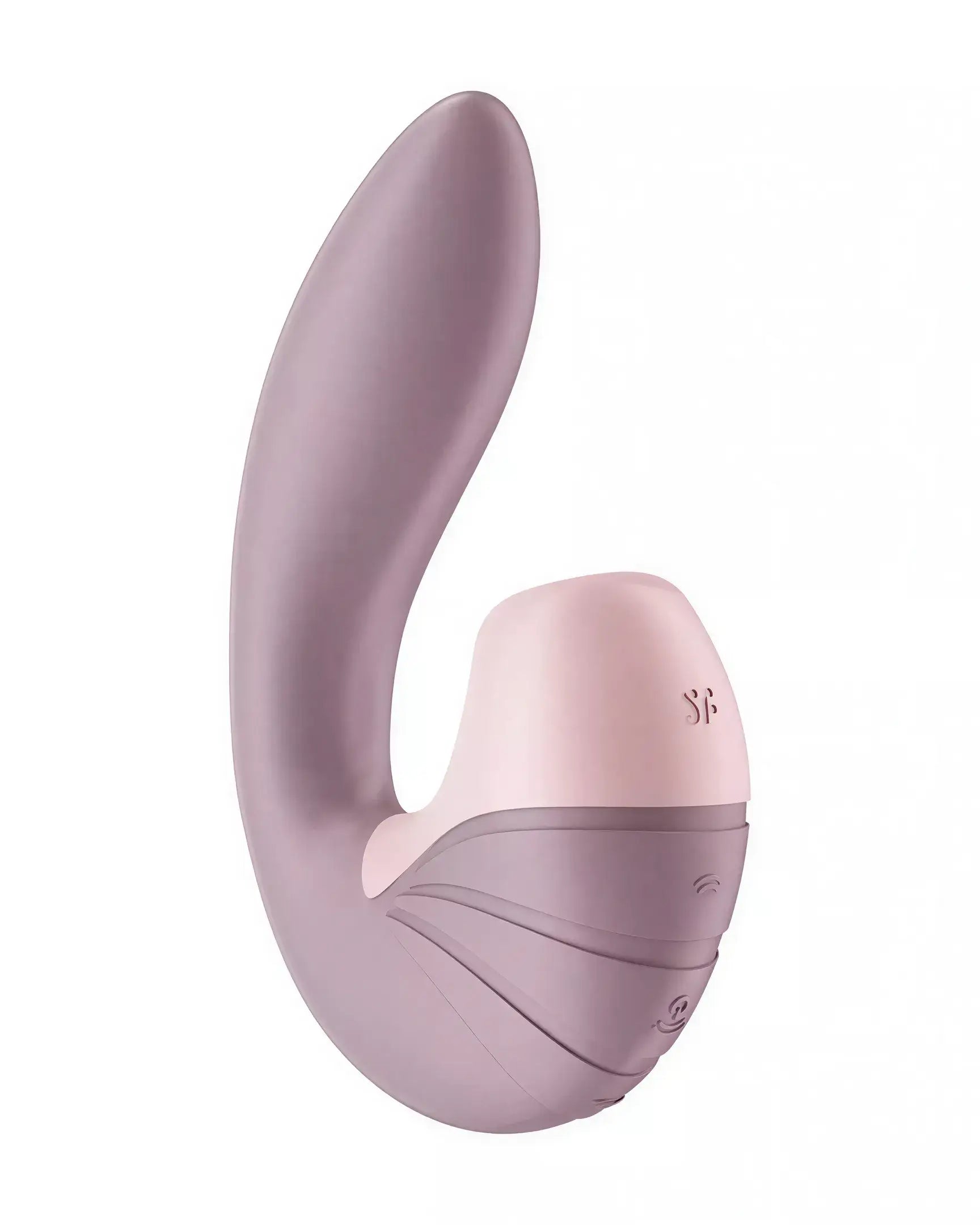 Satisfyer Supernova vibrator in soft pink and lavender, featuring a curved design and control buttons on the base.