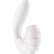 Satisfyer Supernova vibrator in white and pink, featuring a curved design and control buttons on the side.