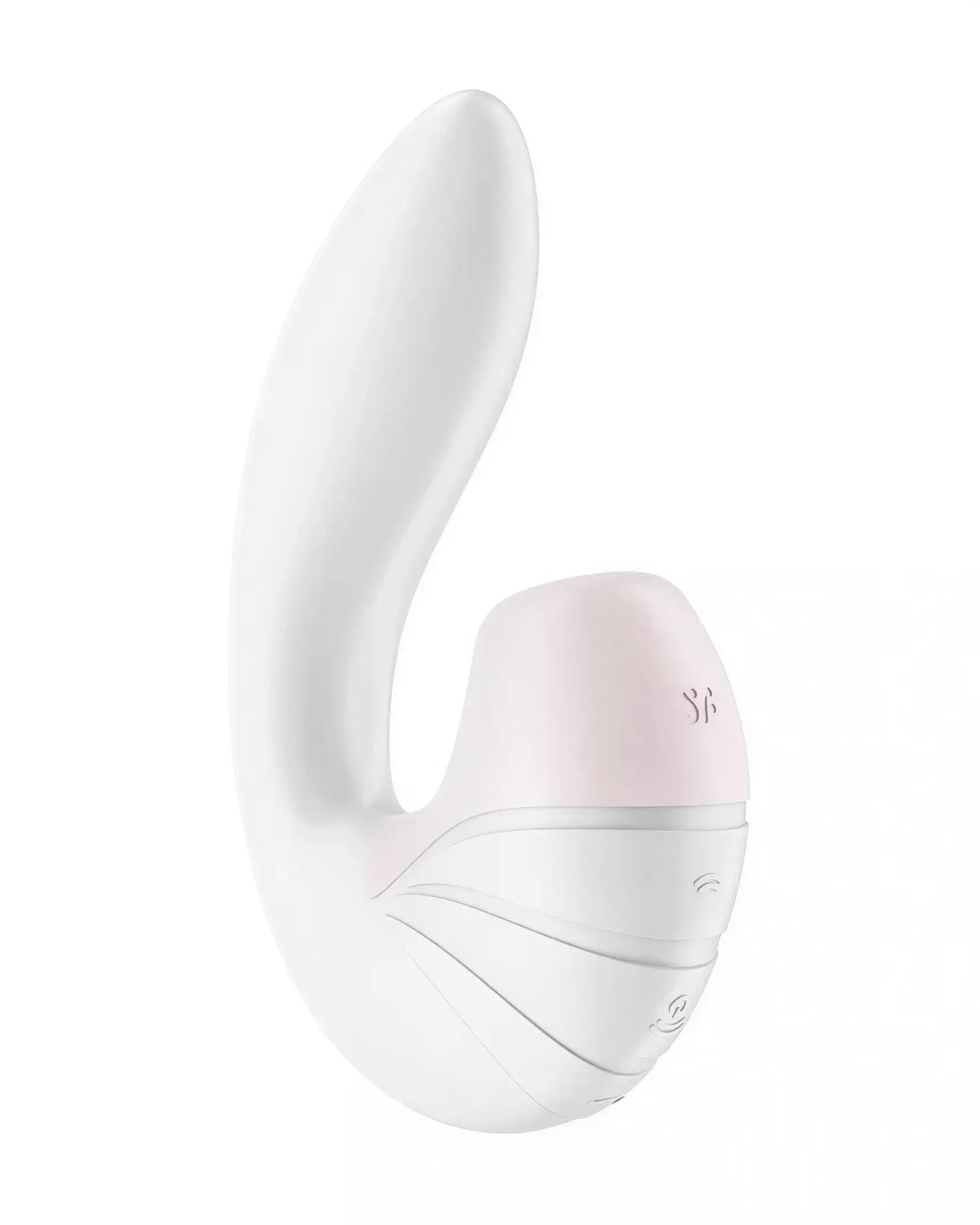 Satisfyer Supernova vibrator in white and pink, featuring a curved design and control buttons on the side.