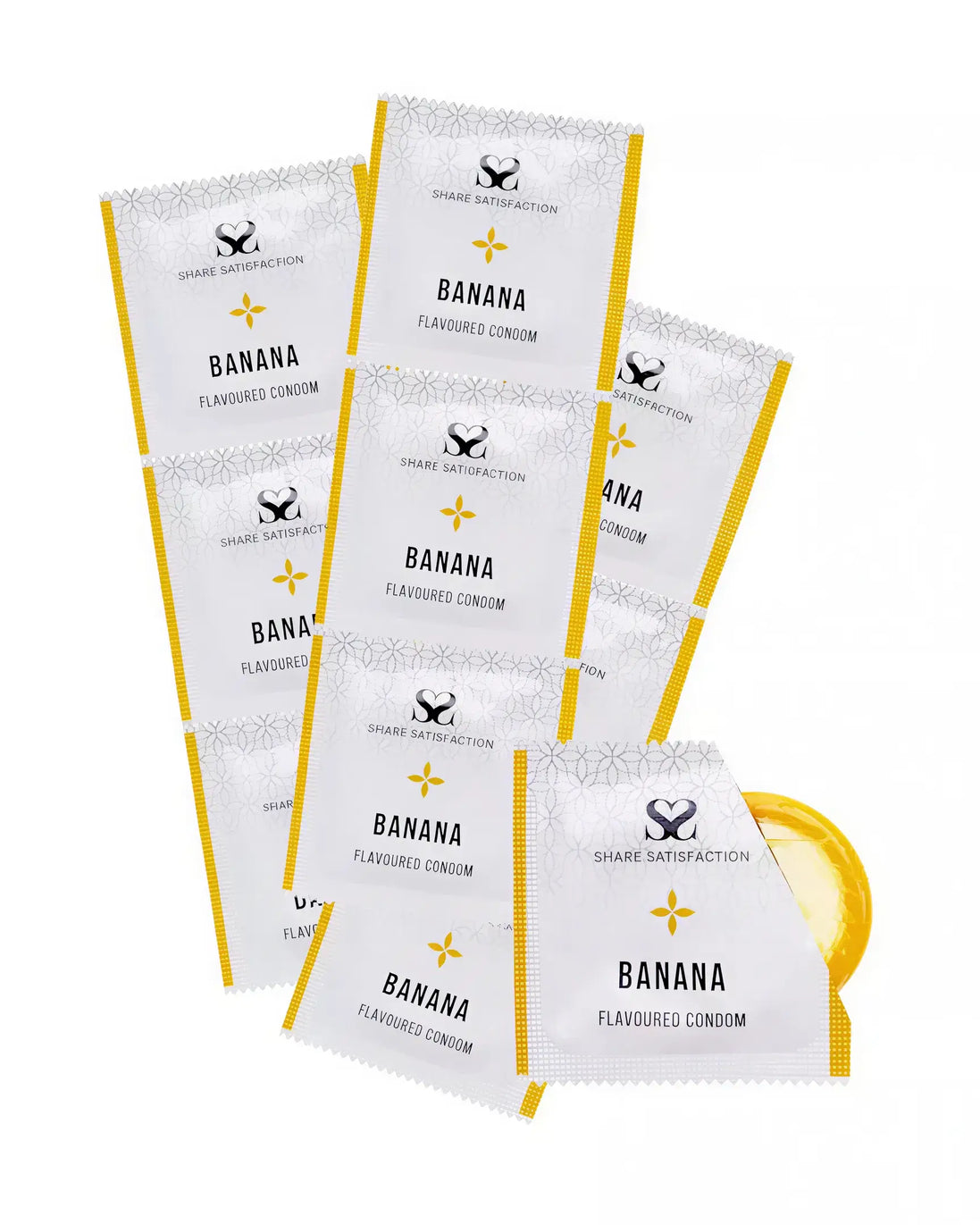 Share Satisfaction banana flavoured condoms in a 100 pack, featuring individual yellow and white wrappers with text.