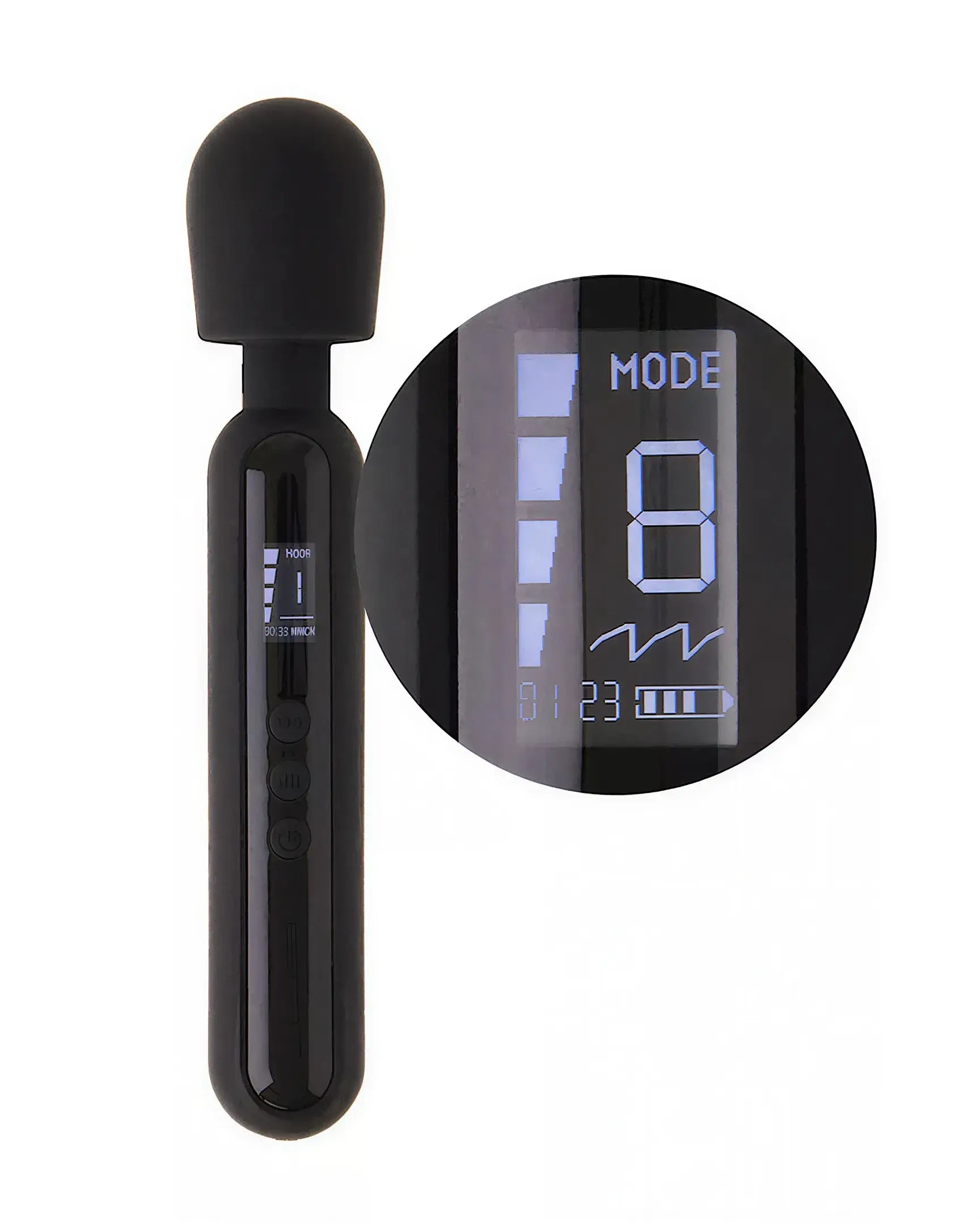 Black digital wand with a rounded head, featuring a display screen showing mode and timer settings.