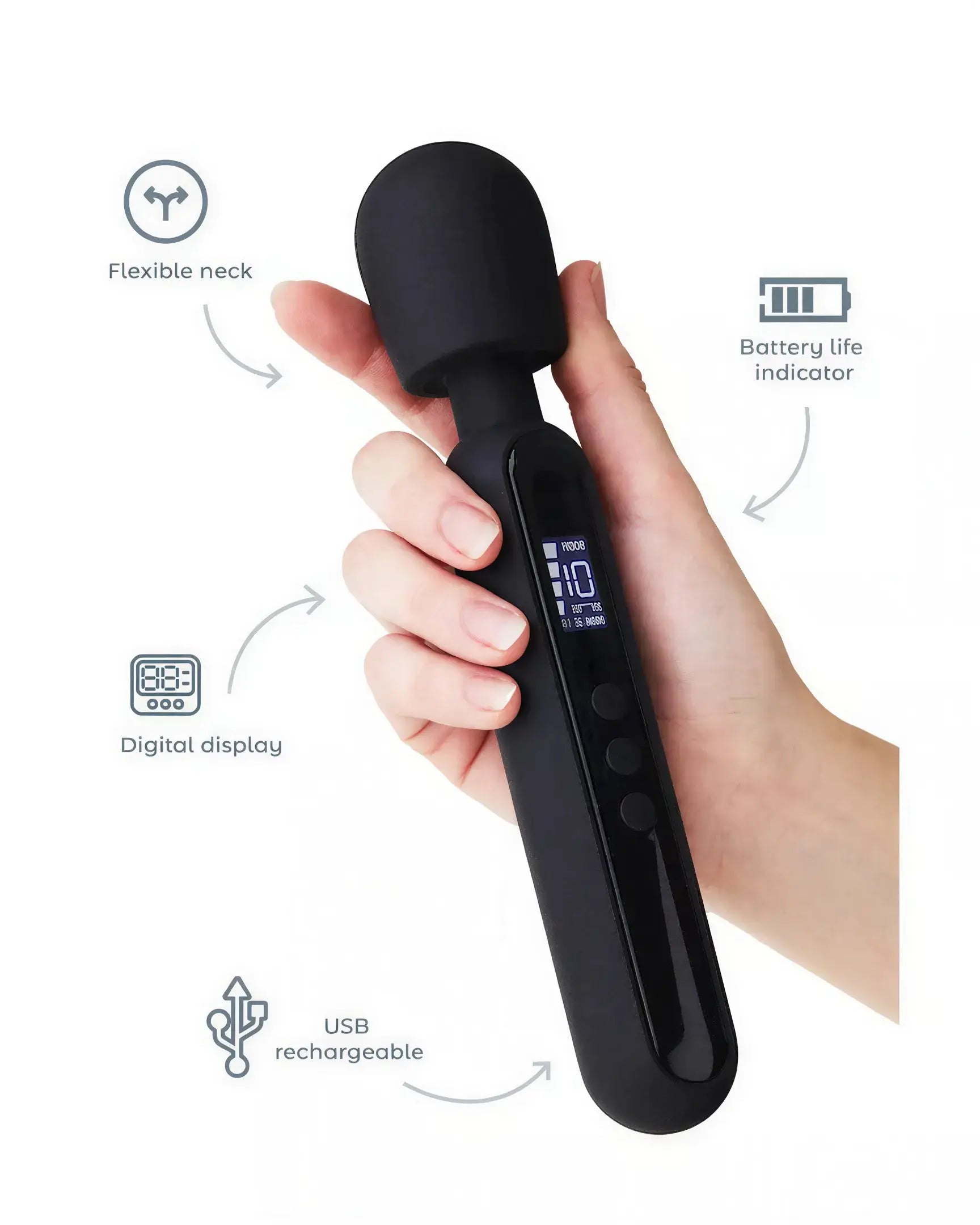 Isla digital wand in hand, featuring a flexible neck, digital display, and USB rechargeable design.