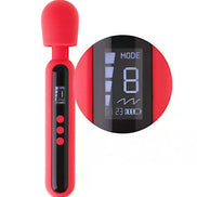 Share Satisfaction Isla digital wand in red with a black control panel displaying mode and intensity settings.