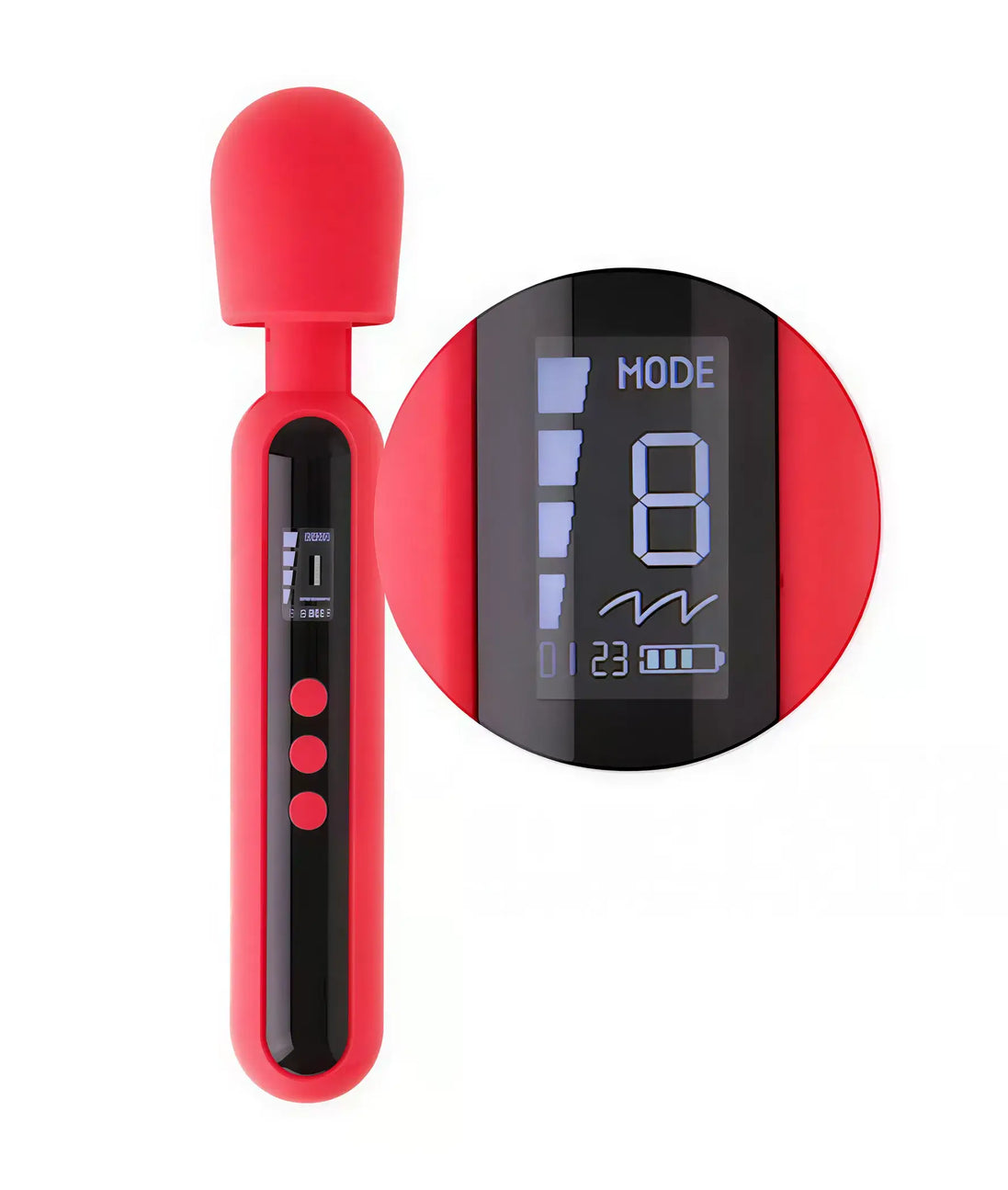 Share Satisfaction Isla digital wand in red with a black control panel displaying mode and intensity settings.