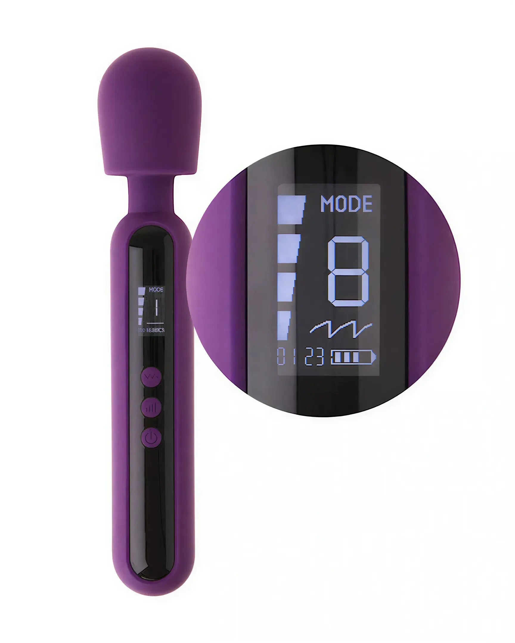 Purple digital wand with a rounded head, featuring a display screen and control buttons.