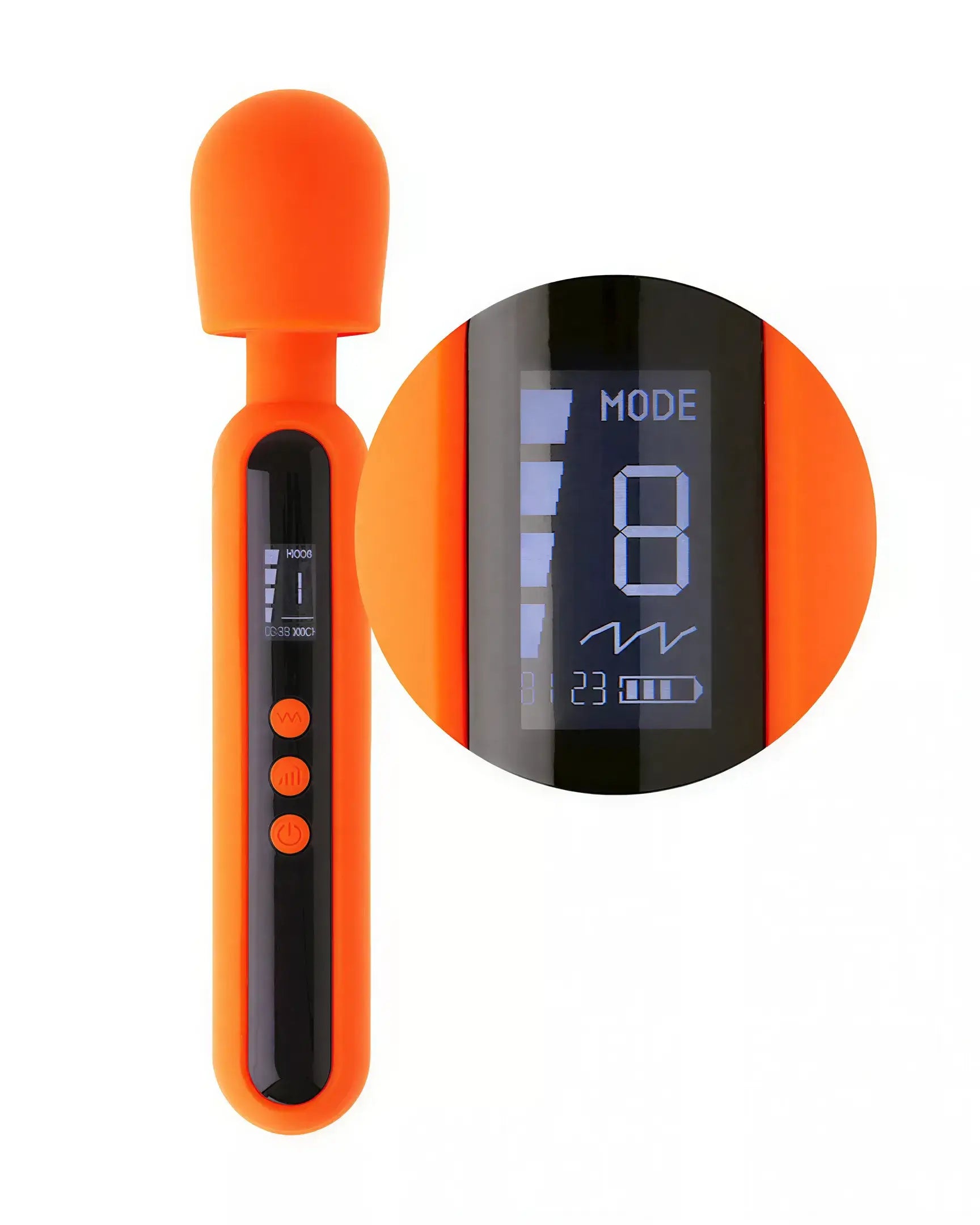 Share Satisfaction Isla digital wand in bright orange with a display screen showing mode and settings.