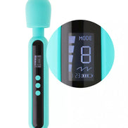 Isla digital wand in teal with a display screen showing mode and intensity settings, featuring control buttons.