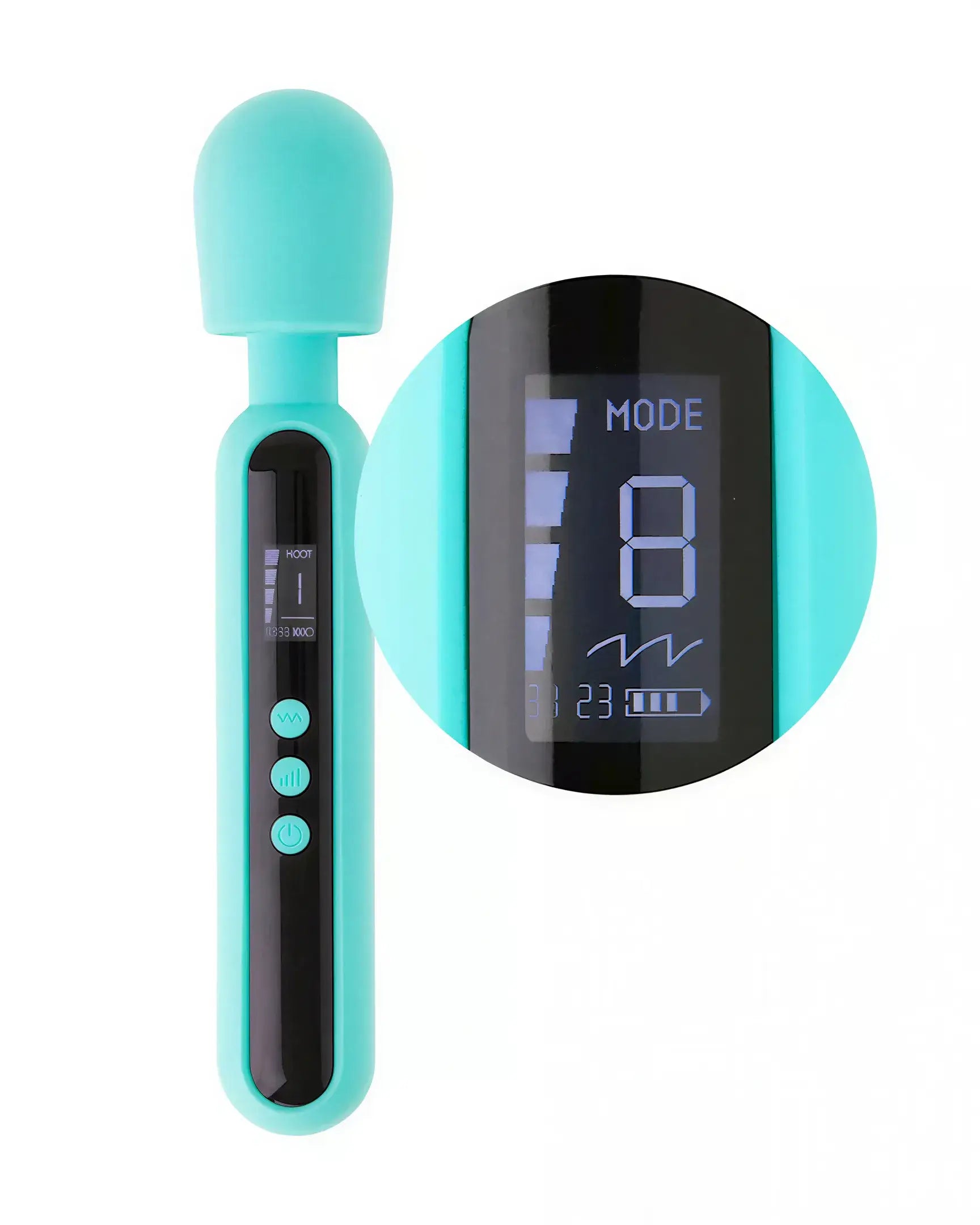 Isla digital wand in teal with a display screen showing mode and intensity settings, featuring control buttons.