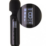 Black mini digital wand with a display screen showing mode and intensity settings.