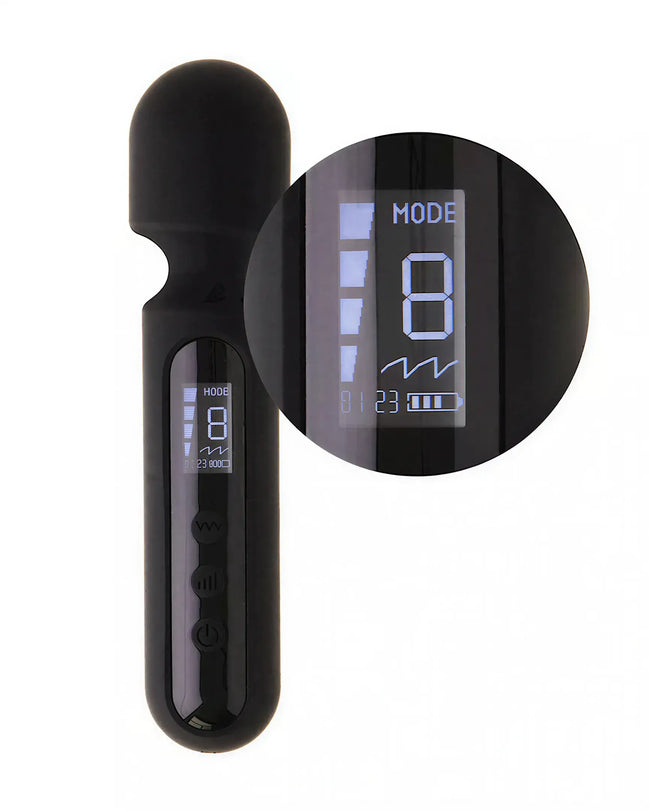 Black mini digital wand with a display screen showing mode and intensity settings.
