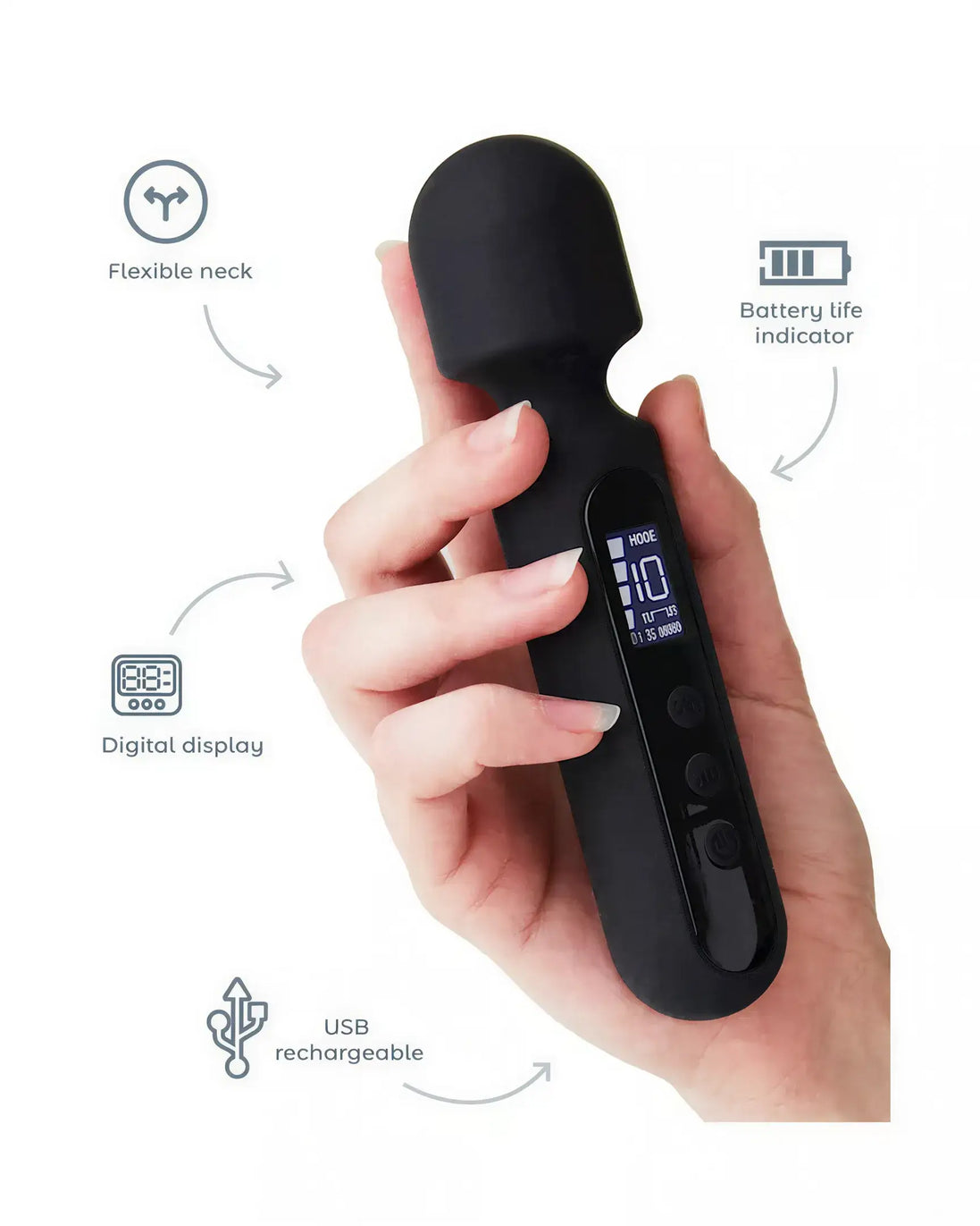 Ema Mini Digital Wand in black, held in a hand, featuring a digital display and USB rechargeable design.