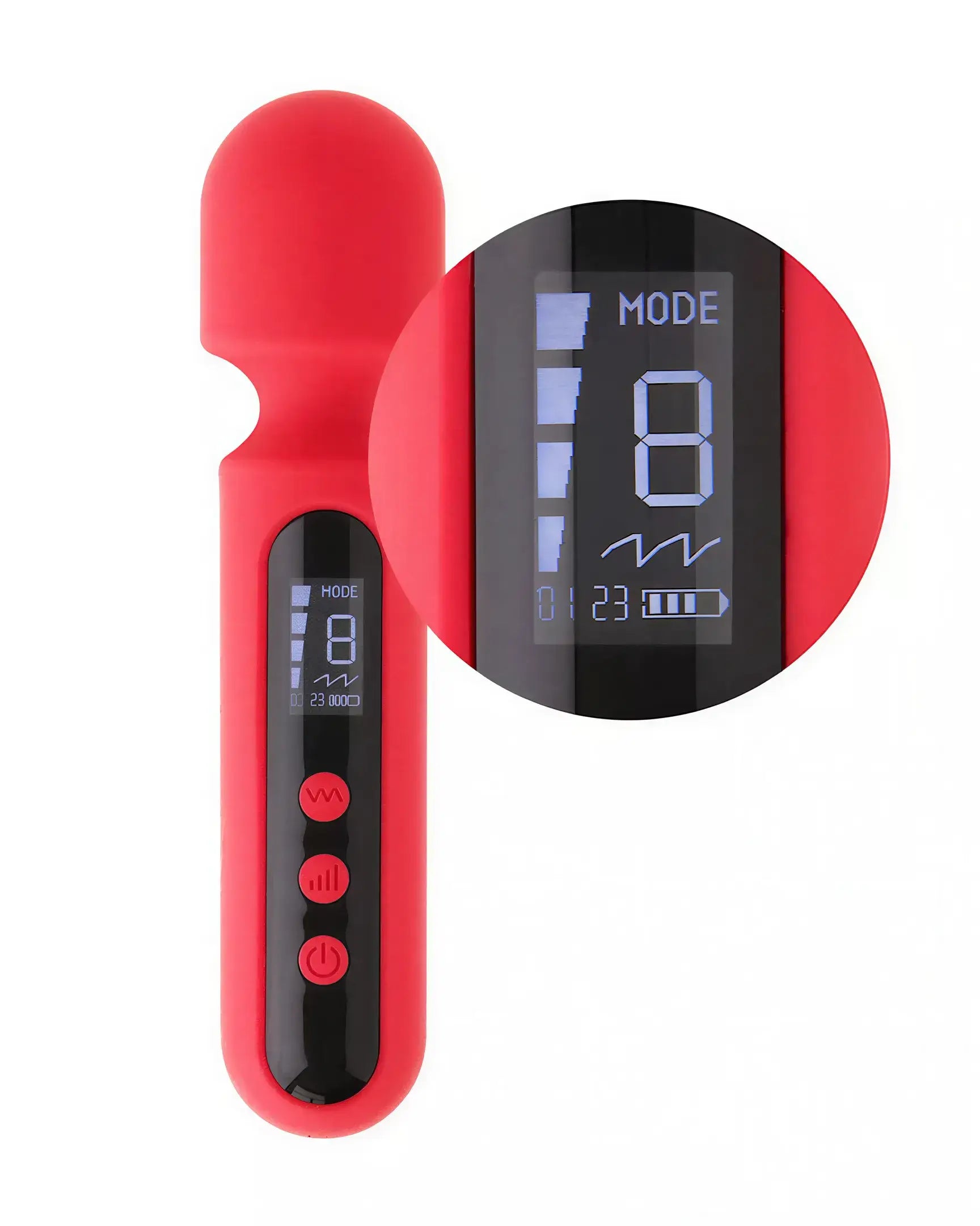 Red Ema Mini Digital Wand with a display showing modes and settings, featuring a rounded head and control buttons.