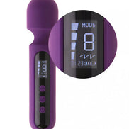 Purple mini digital wand with a rounded head, featuring a display screen showing modes and settings.