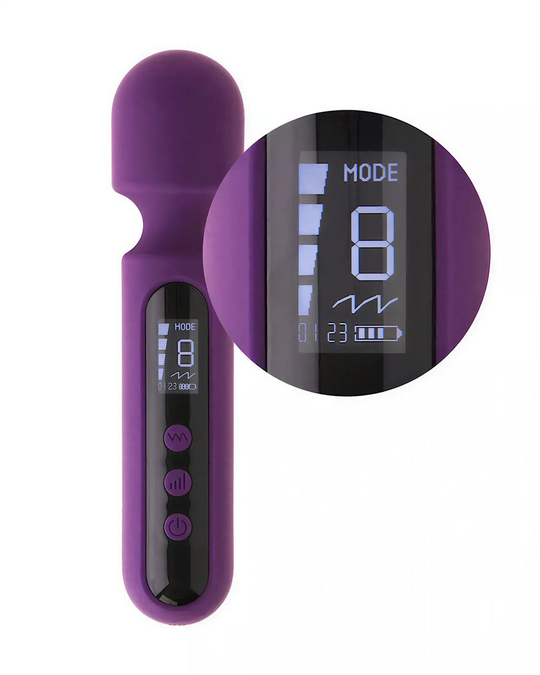Purple mini digital wand with a rounded head, featuring a display screen showing modes and settings.