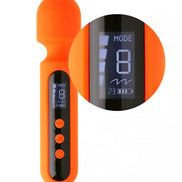 Ema Mini digital wand in orange with a black panel displaying mode and battery level indicators.