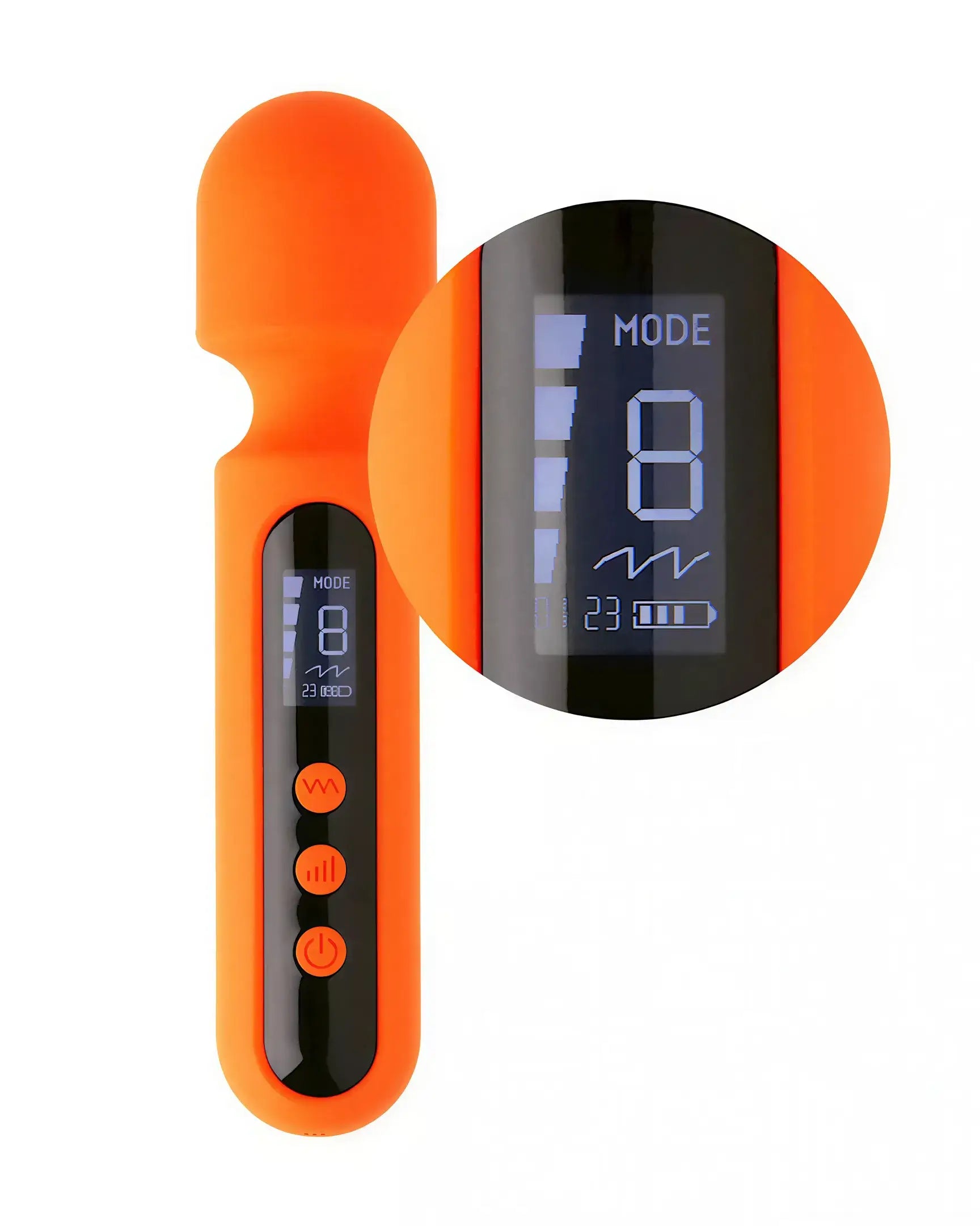 Ema Mini digital wand in orange with a black panel displaying mode and battery level indicators.