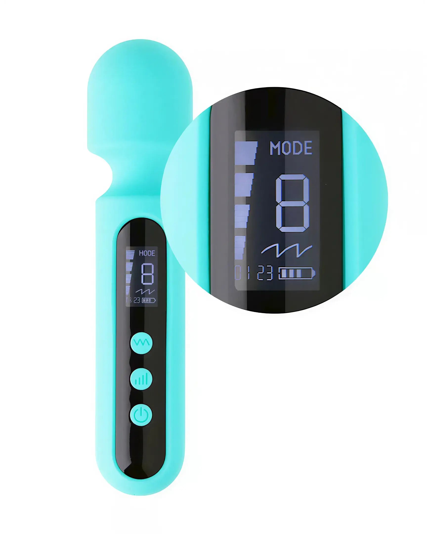 Ema Mini Digital Wand in turquoise with a digital display showing mode and battery level.