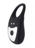 Black and white thumping pulsation cock ring with a button on the front and a loop for easy handling.
