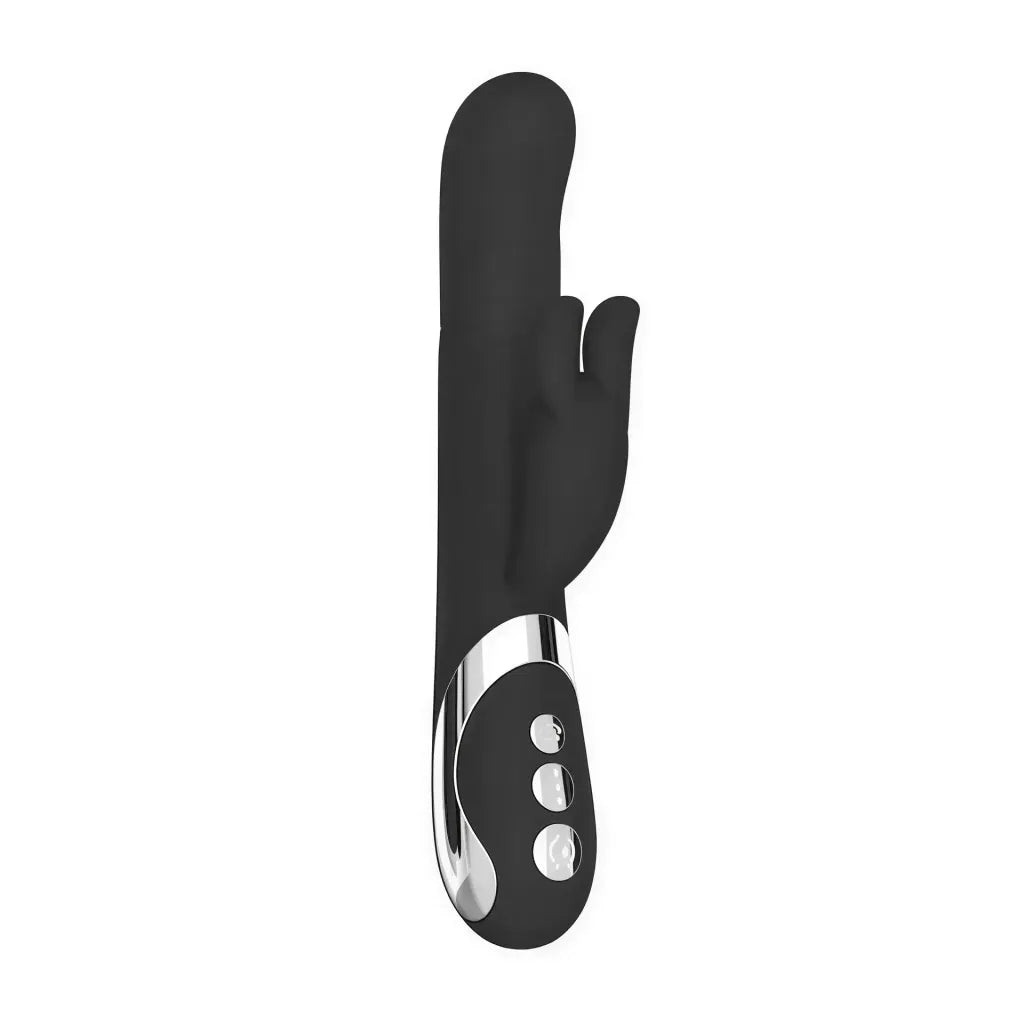 Amore Lina rotation beads vibrator in black silicone with a silver base and three control buttons.