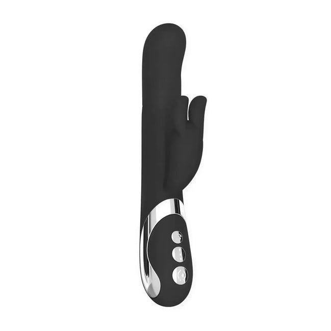 Amore Lina rotation beads vibrator in black silicone with a silver base and three control buttons.