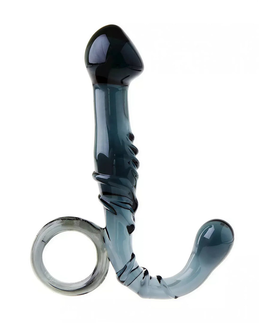 Lucent glass butt plug with a black tail, featuring a curved design and textured surface for enhanced stimulation.