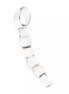 Clear glass dildo with a ringed handle and multiple rounded beads along the shaft.