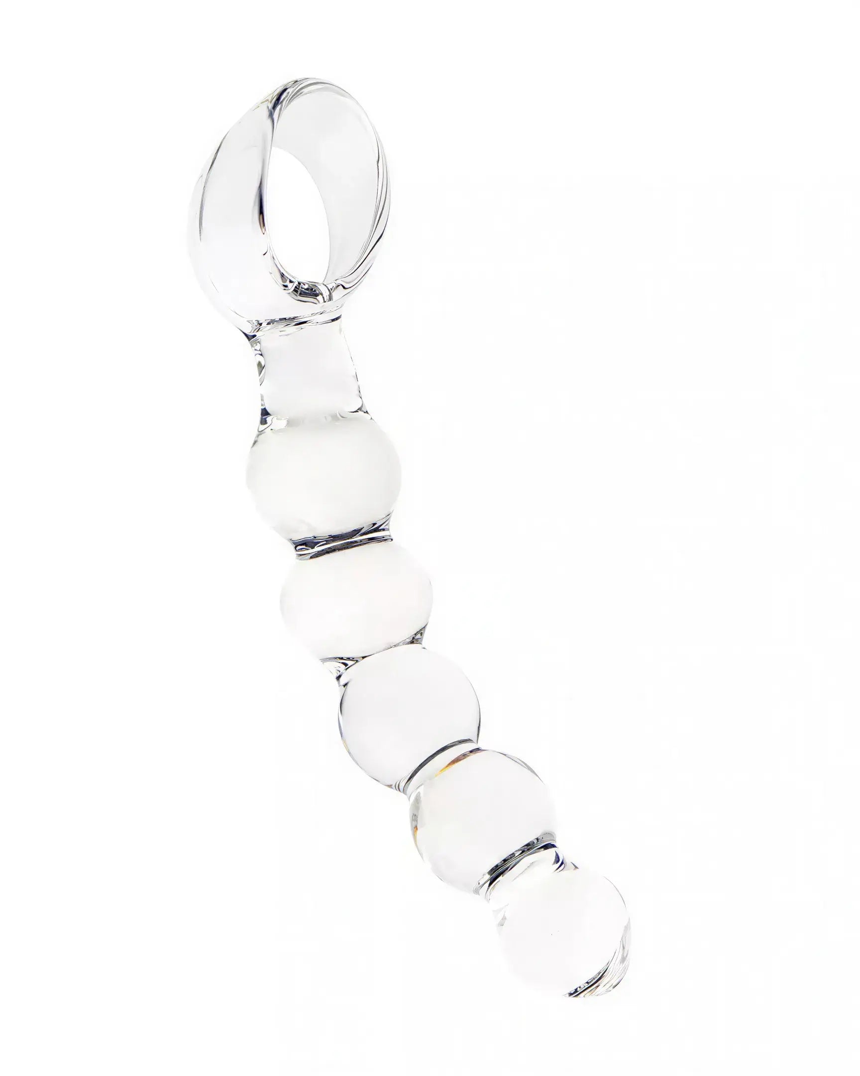Clear glass dildo with a ringed handle and multiple rounded beads along the shaft.