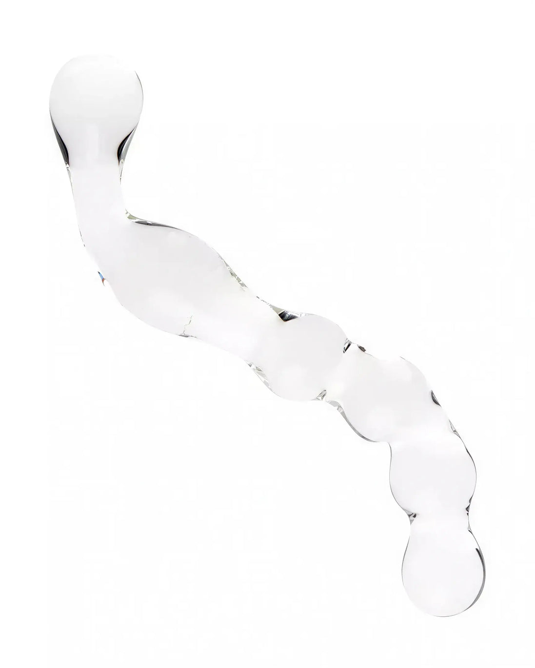 Clear double curved lucent glass dildo with smooth, rounded ends and a wavy design for varied stimulation.