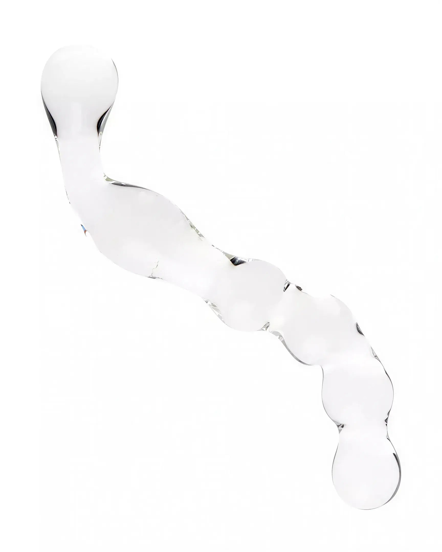 Clear double curved lucent glass dildo with smooth, rounded ends and a wavy design for varied stimulation.