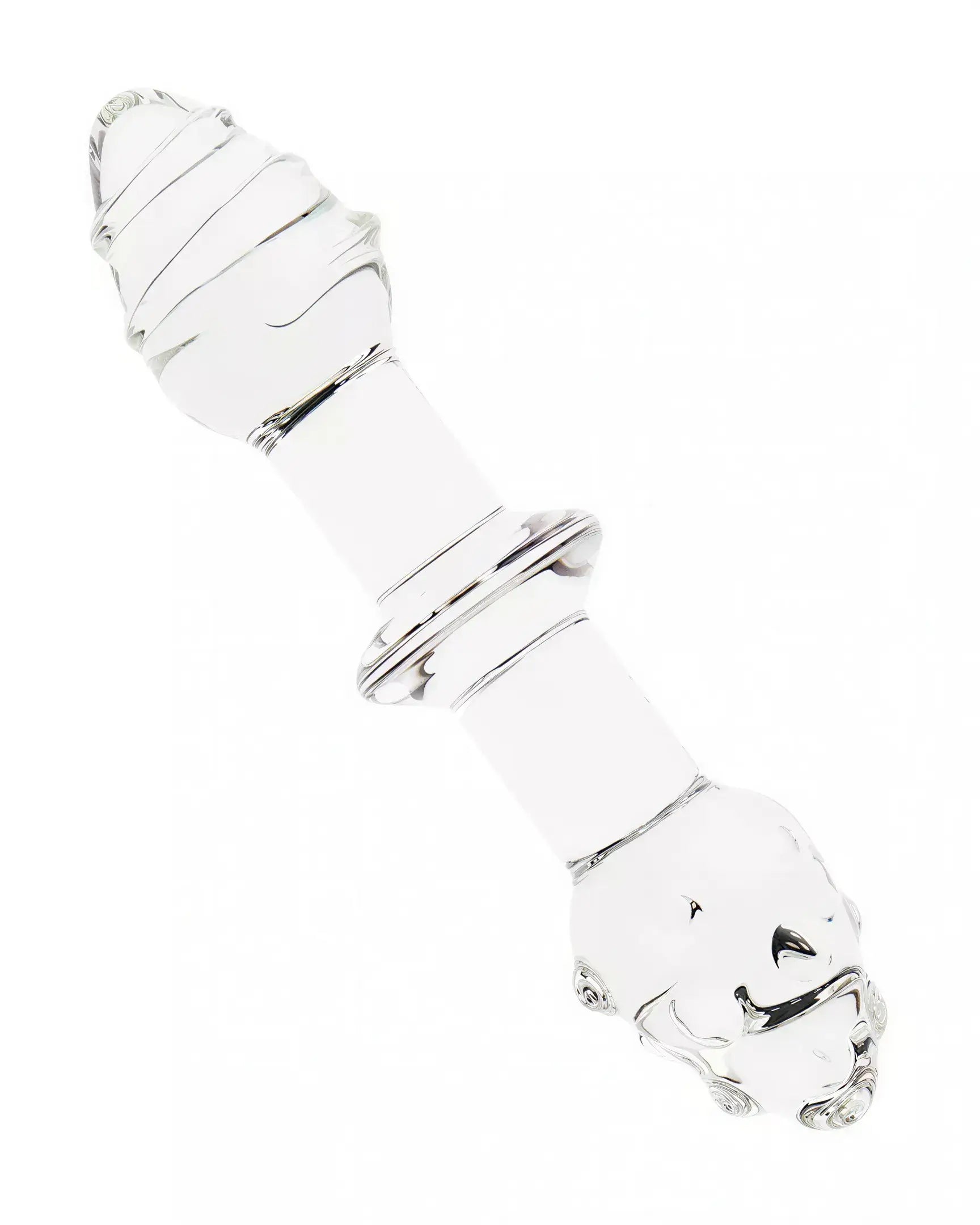 Clear double-ended glass butt plug with a smooth, contoured design and rounded ends.
