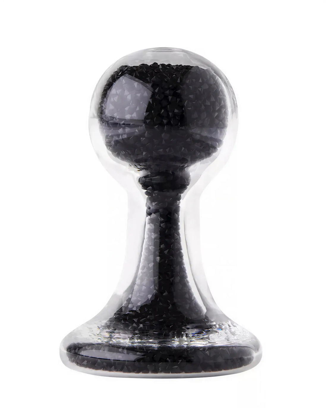 Lucent glass butt plug in black, featuring a rounded top and tapered base, with a transparent outer layer.