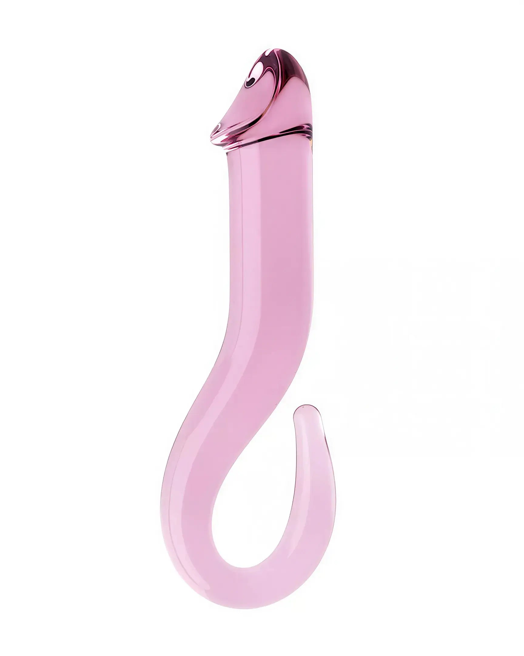 Lucent glass dildo in a curved design, featuring a pink hue and a smooth, glossy finish.