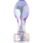 Clear prism glass butt plug with a smooth, tapered design and iridescent finish.