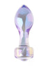 Clear prism glass butt plug with a smooth, tapered design and iridescent finish.