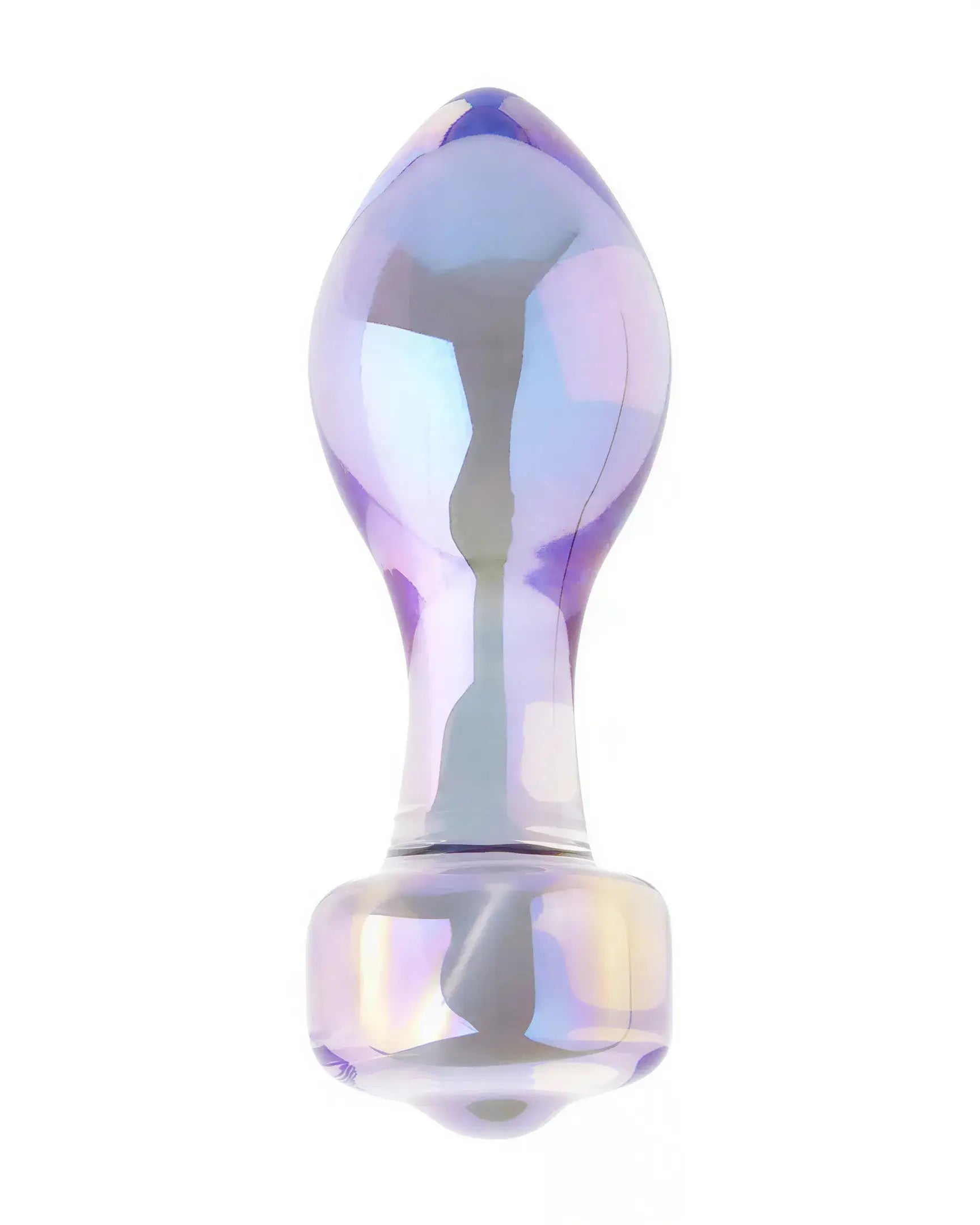 Clear prism glass butt plug with a smooth, tapered design and iridescent finish.