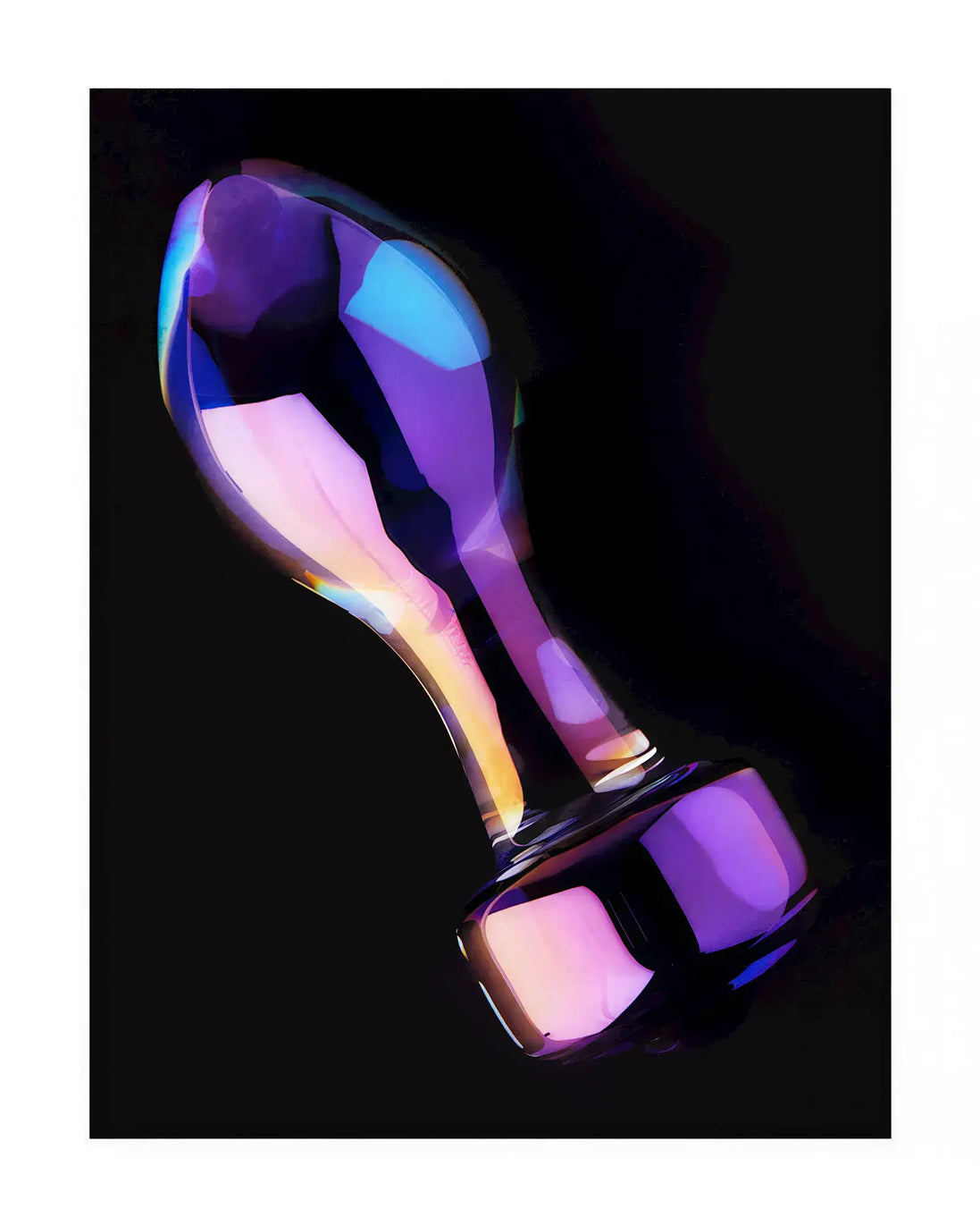 Clear prism glass butt plug with a faceted design, reflecting purple and blue hues against a dark background.