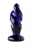 Lucent Cryptic Twist glass butt plug in dark purple with a twisted design and a flared base for stability.