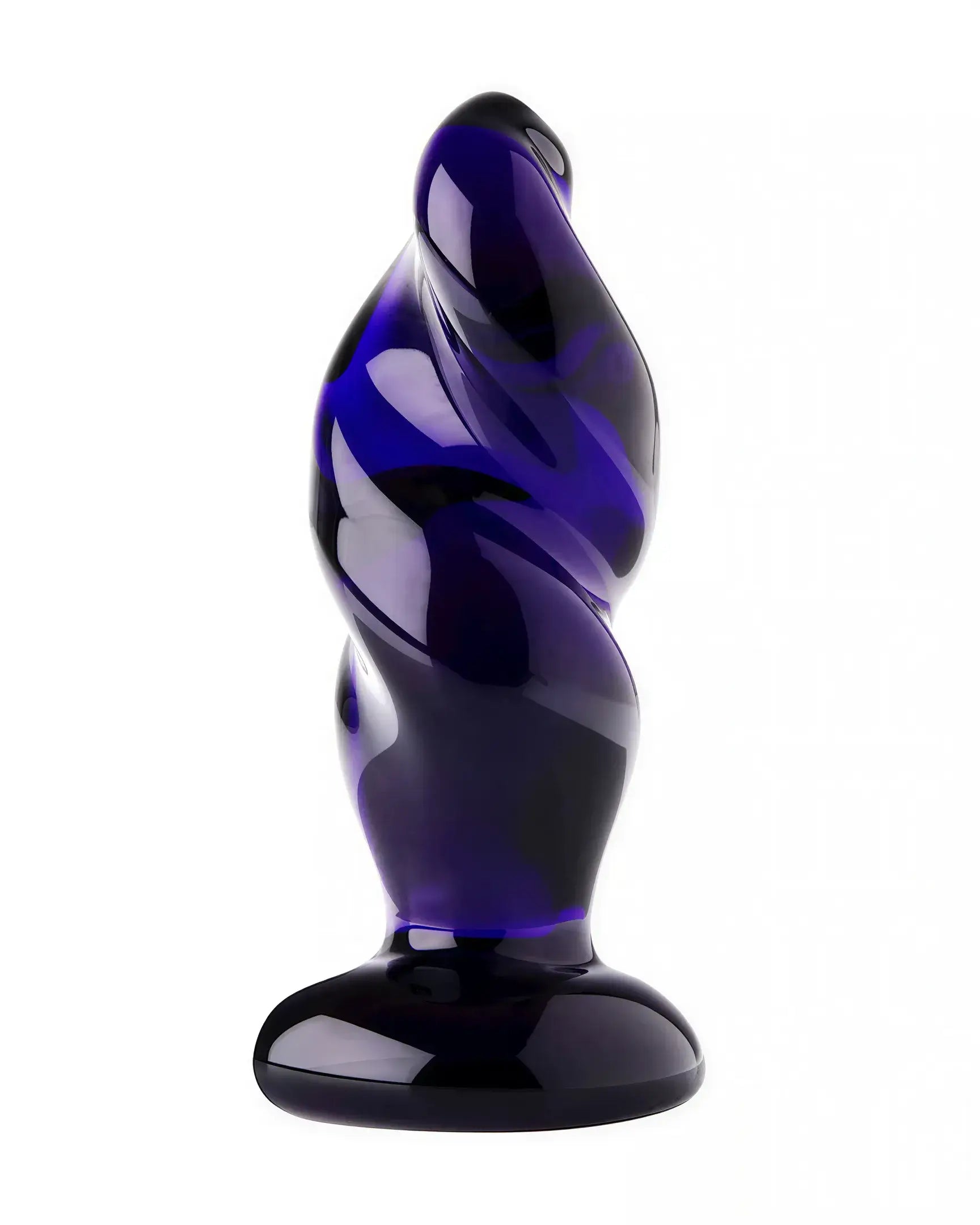 Lucent Cryptic Twist glass butt plug in dark purple with a twisted design and a flared base for stability.