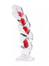 Curved lucent glass dildo with a twisted design, featuring clear and red colors.