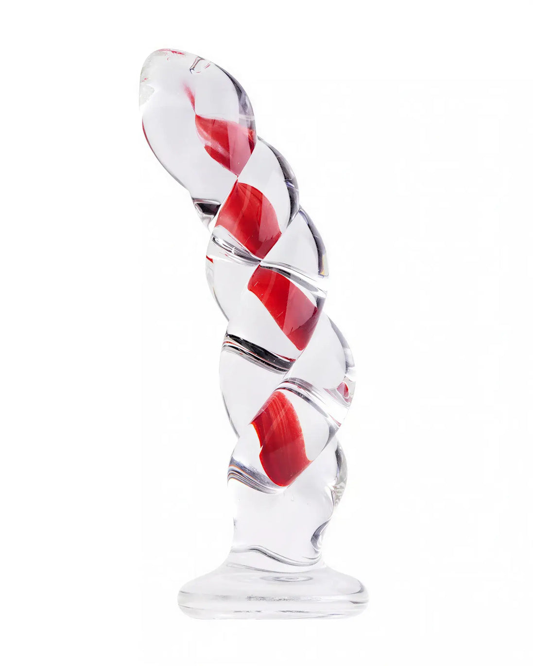 Curved lucent glass dildo with a twisted design, featuring clear and red colors.
