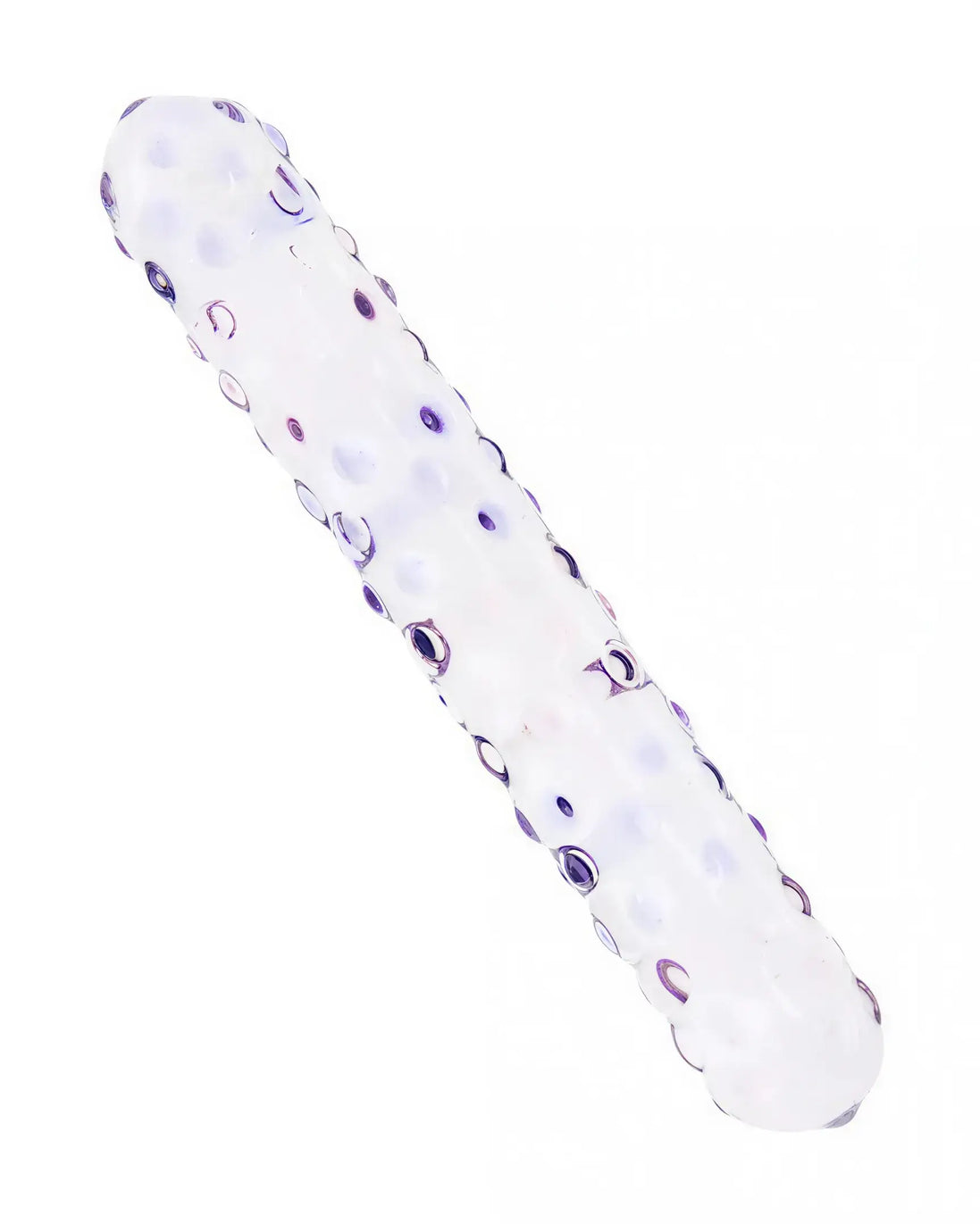 Lucent glass dildo with a ribbed texture, featuring a clear body and purple accents.