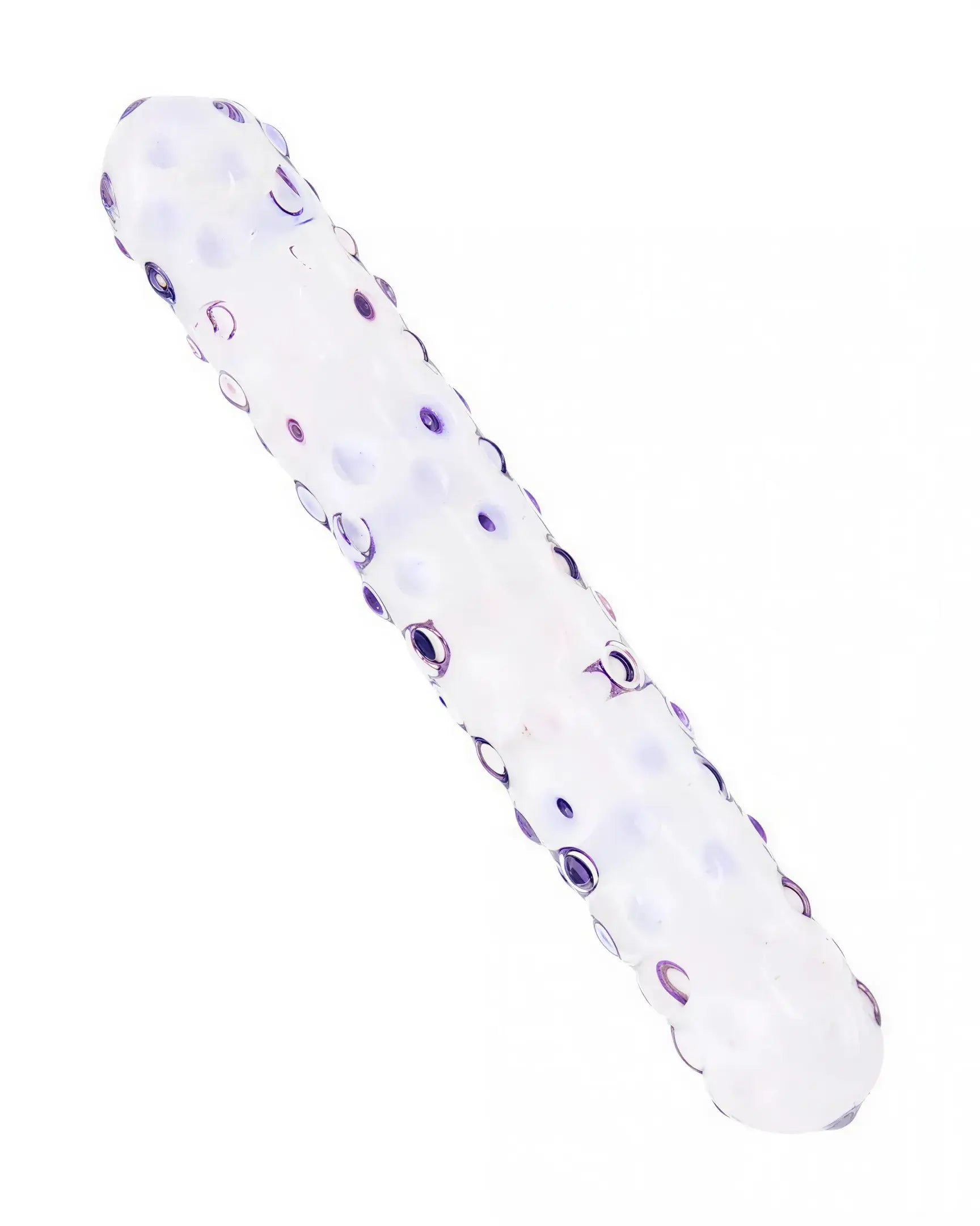Lucent glass dildo with a ribbed texture, featuring a clear body and purple accents.