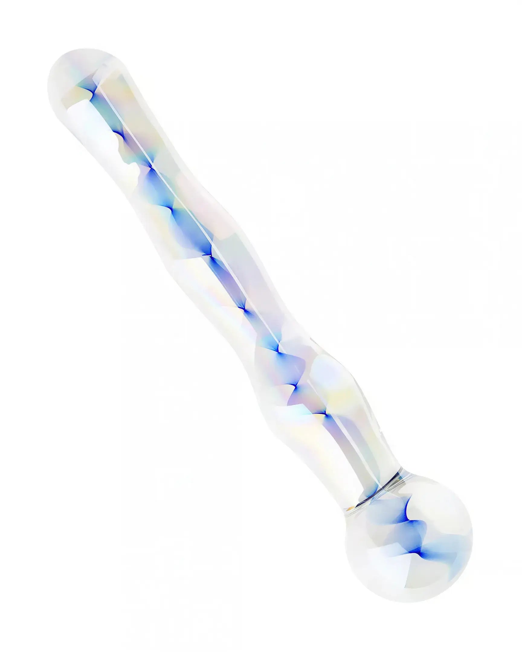 Lucent glass dildo with a blue spiral design, featuring a smooth, transparent surface and rounded end.
