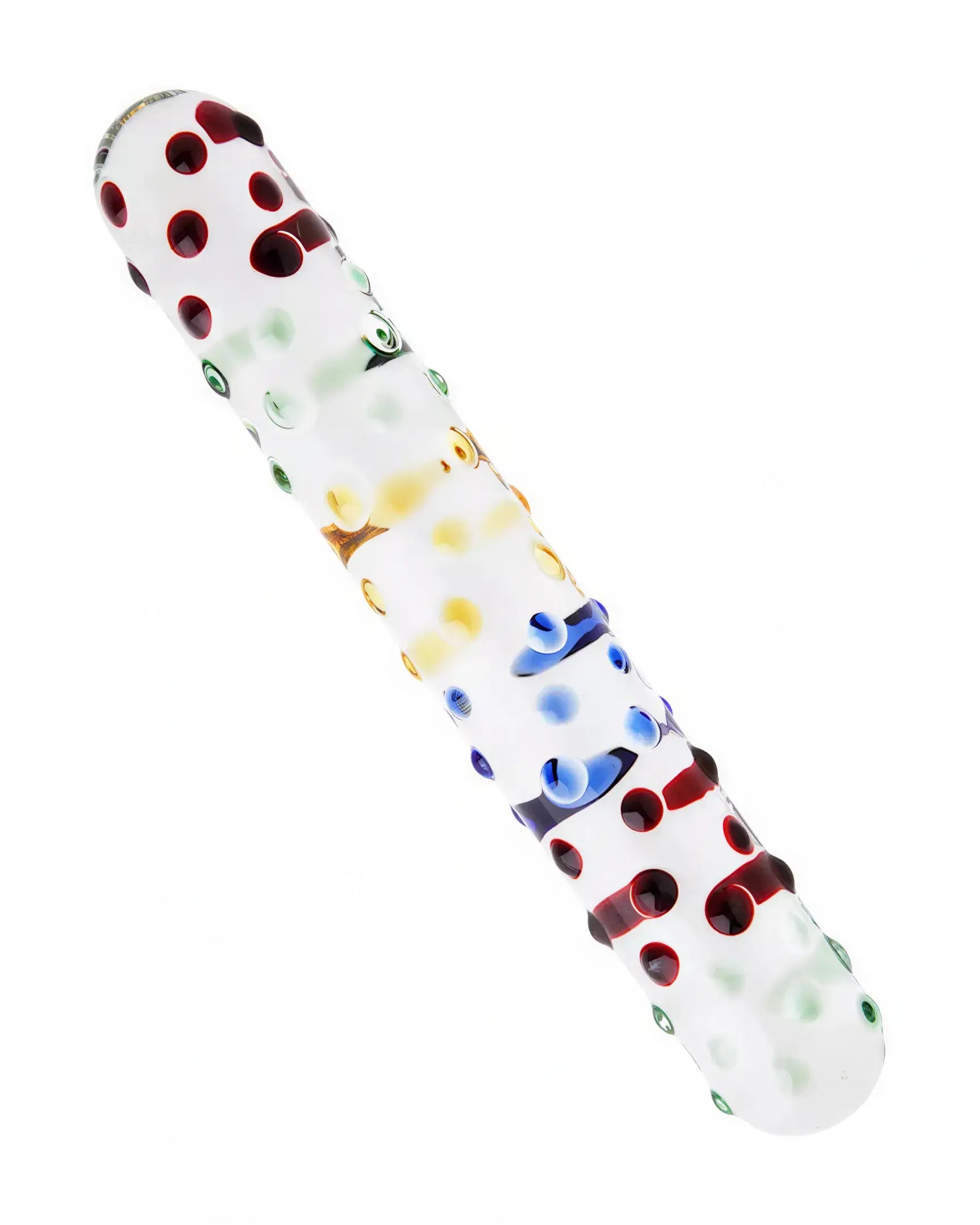 Lucent glass dildo with colorful flecks and a smooth, elongated design, showcasing various vibrant colors.