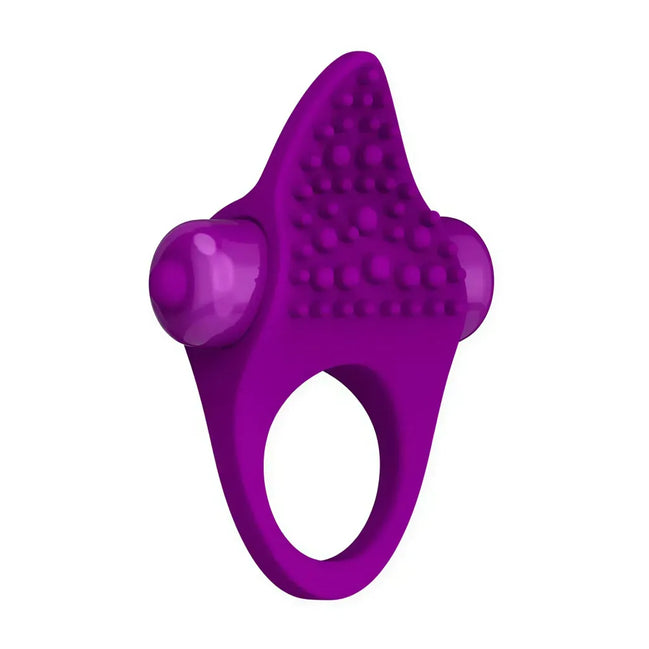 Amore vibrating cock ring in purple silicone with textured surface and dual vibrating bulbs.