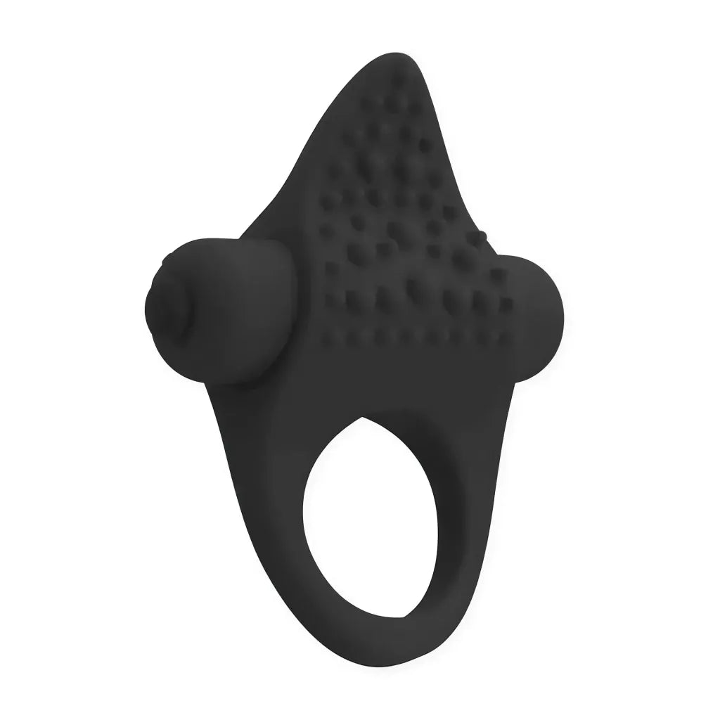 Amore vibrating cock ring in black silicone with textured surface and dual vibration nodes.